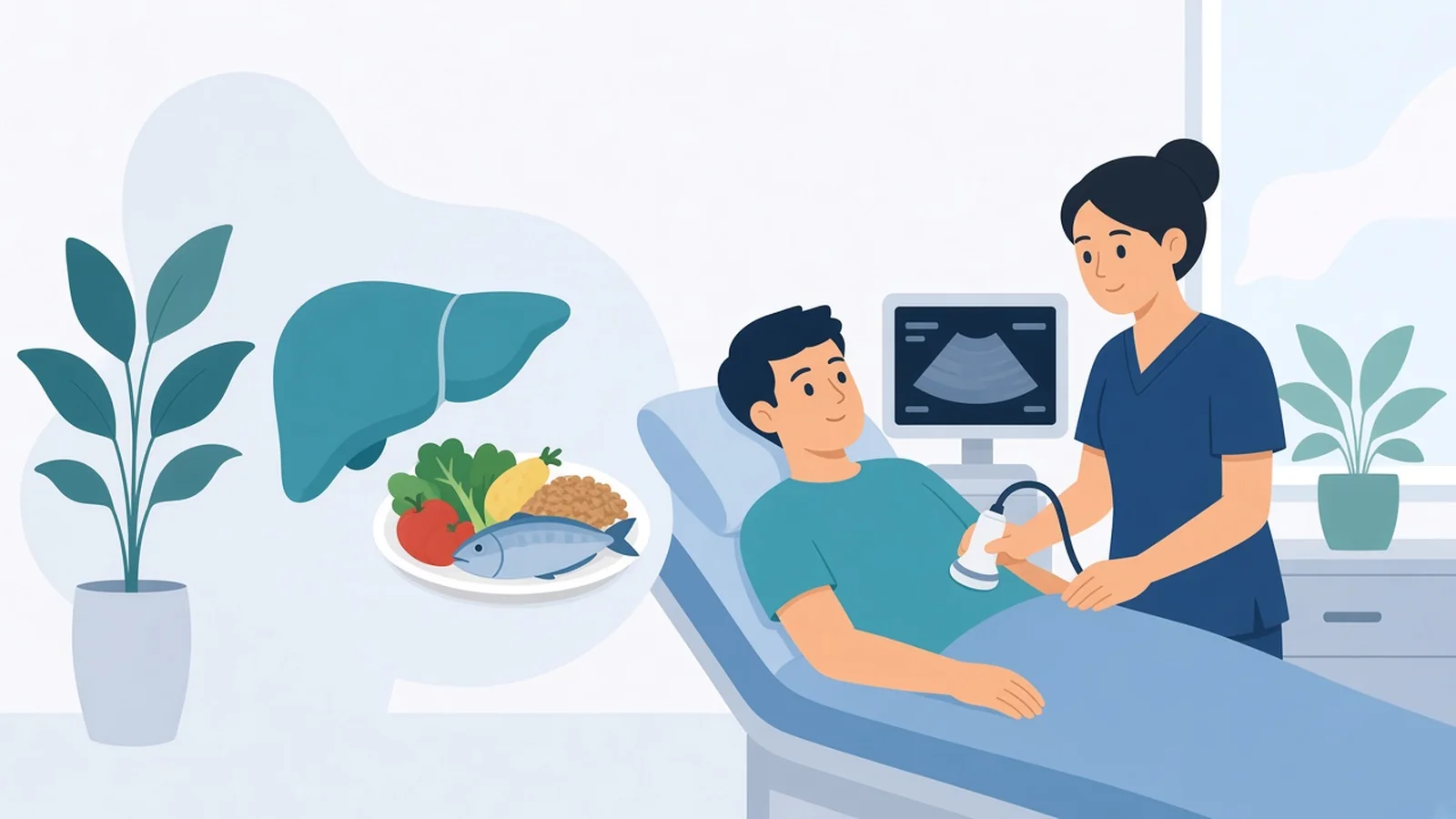 Illustration of a liver beside a balanced plate of food and a patient having a relaxed liver ultrasound check